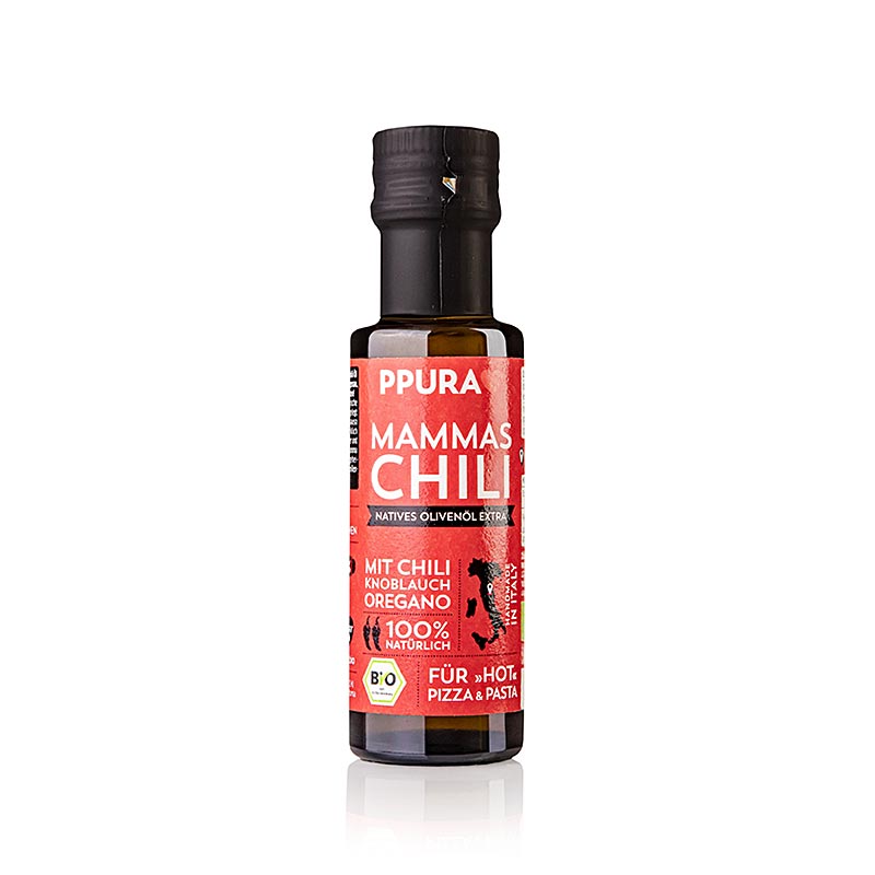 Extra vierge olijfolie, Ppura Mammas Chili, knoflook & oregano, BIO, 100 ml