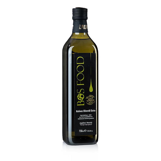 750 ml bottle of BOS FOOD Extra Virgin Olive Oil from first cold pressing in Lakudia, Greece, ideal for cooking and seasoning dishes with its rich and authentic flavor