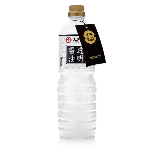 Fles met 1 liter kristalheldere sojasaus, perfect voor Aziatische gerechten