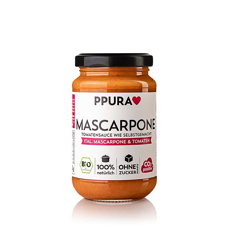 Biologische Ppura Sugo Mascarpone, een heerlijke saus met mascarpone en tomaten, in een verpakking van 340 g