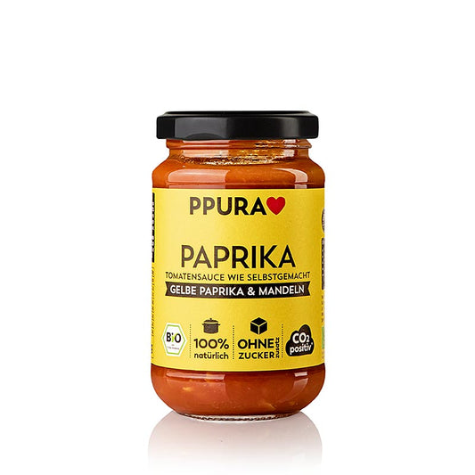 Organic Ppura Sugo Paprika, with yellow peppers and almonds, 340 g, perfect for pasta dishes and flavorful meals