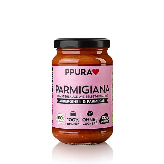 Biologische Ppura Sugo Parmigiana met aubergines, tomaten en parmezaan, 340 g - illustratie van het product met verse ingrediënten
