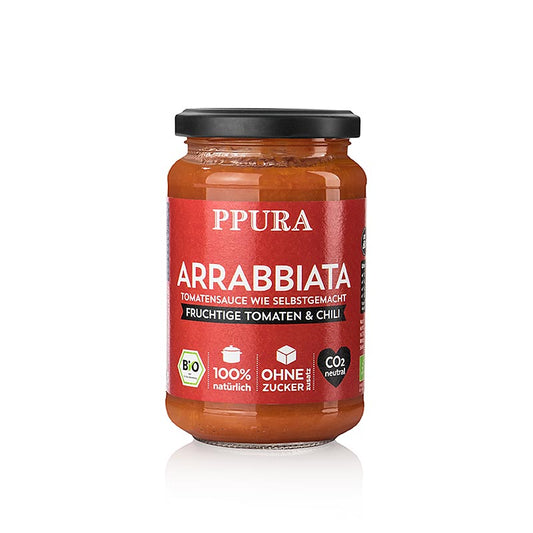 Organic 340g Ppura Sugo Arrabbiata with tomatoes, garlic, and Spanish pepper