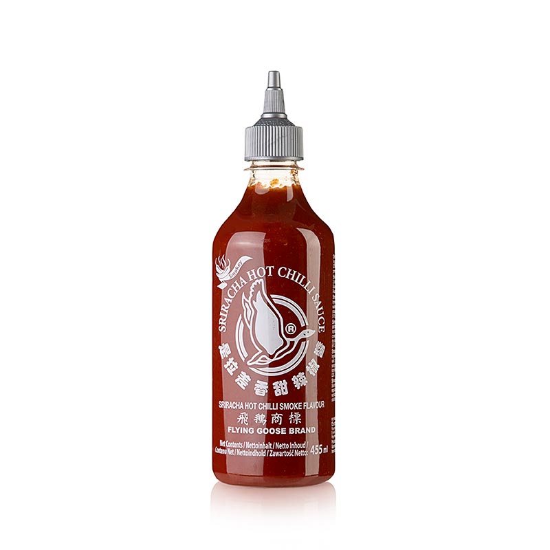 Chilisaus in knijpfles met heet, rokerig Sriracha-smaak van Flying Goose, 455 ml