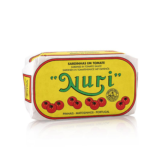 Sardines, heel, in olijfolie & tomatensaus, 3-5 stuks, Nuri (Portugal), 125 g