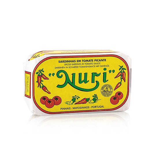 Sardines, heel, in olijfolie & pittige tomatensaus, 3-5 stuks, Nuri (Portugal), 125 g