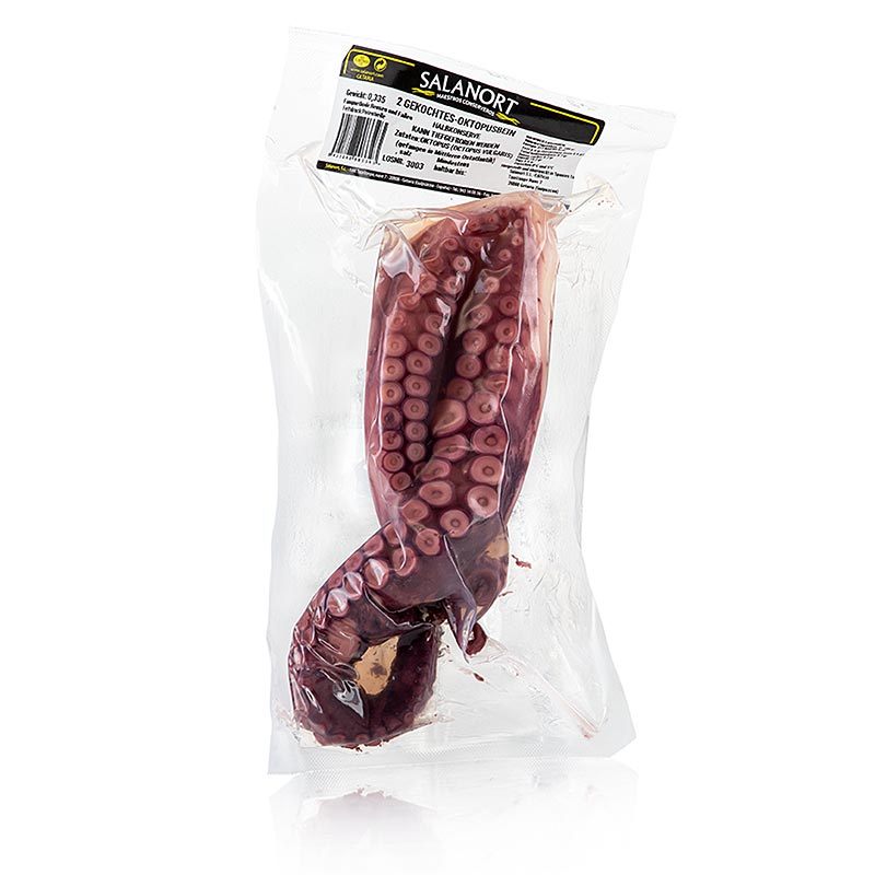 Two pre-cooked octopus arms, each weighing approximately 350 grams, in packaging