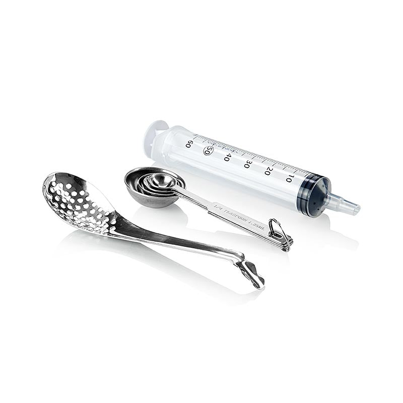 Set of 6 TÖOLS tools including a sprayer, spoon, and 4 measuring spoons, along with 1 TÖUFOOD product