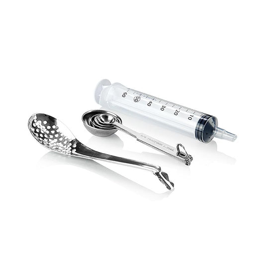 Set of 6 TÖOLS tools including a sprayer, spoon, and 4 measuring spoons, along with 1 TÖUFOOD product