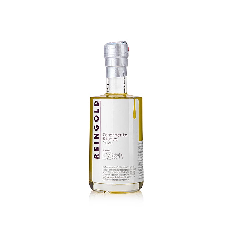 Reingold - Azijn Condimento bianco No 4 Yuzu, 250 ml - fles van helder glas met etiket, gevuld met citrusazijn, perfect voor dressings en marinades