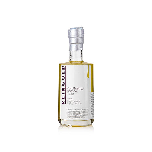 Reingold - Azijn Condimento bianco No 4 Yuzu, 250 ml - fles van helder glas met etiket, gevuld met citrusazijn, perfect voor dressings en marinades