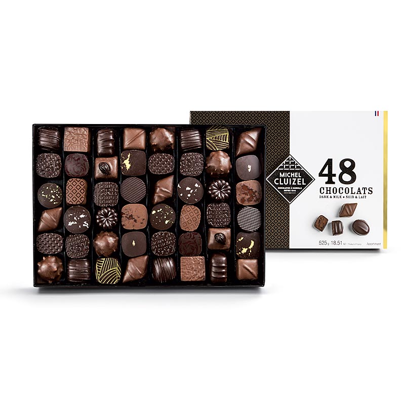 Assortment of 48 gourmet pralines in the Michel Cluizel Coffret N48, 525g, 48 pieces, perfect for indulging and gifting