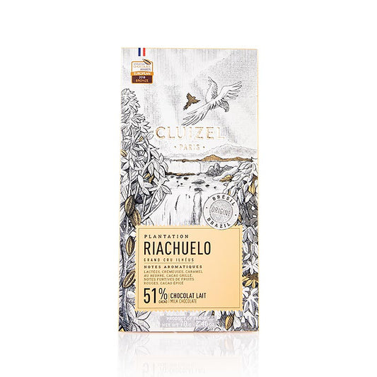 Chocoladereep van Plantage Riachuelo, met 51% melk en geproduceerd door Michel Cluizel (12160), 70 g