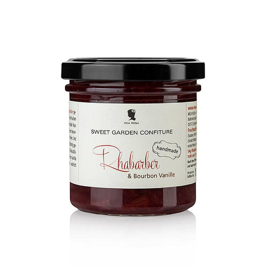 Zoete Garden Confiture - Rabarber & Bourbon Vanille Fruit Spread, Mea Rosa, 180 g Een heerlijk fruitige spread gemaakt van rabarber en bourbon vanille, perfect voor op brood of bij kaasplankjes