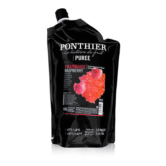 High-quality Ponthier raspberry puree with added sugar, 25kg packaging for culinary use