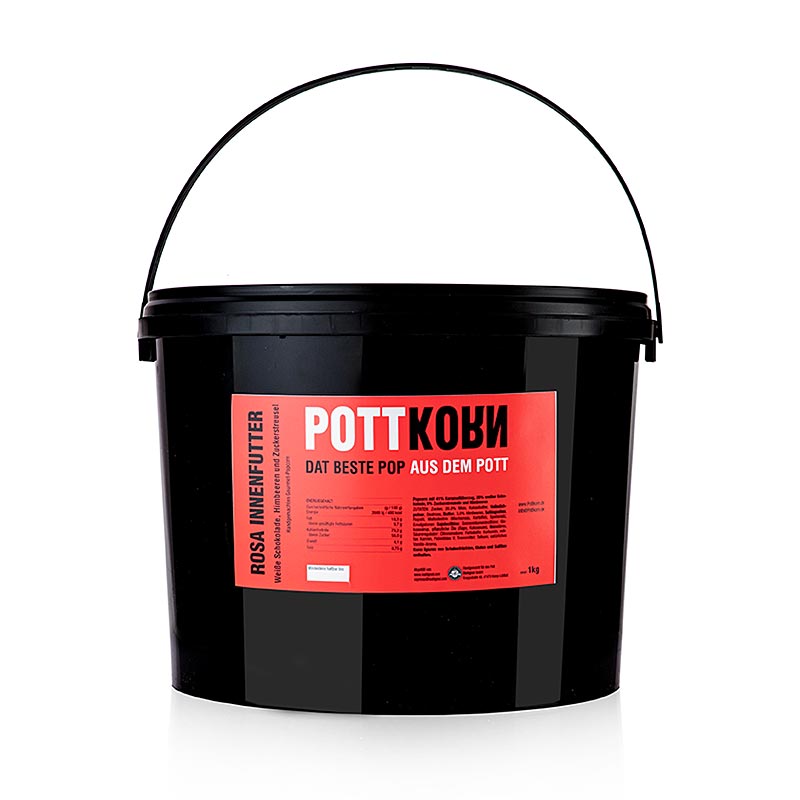 Delicious Pottkorn popcorn with white chocolate and raspberry, 1 kg, featuring a pink interior lining