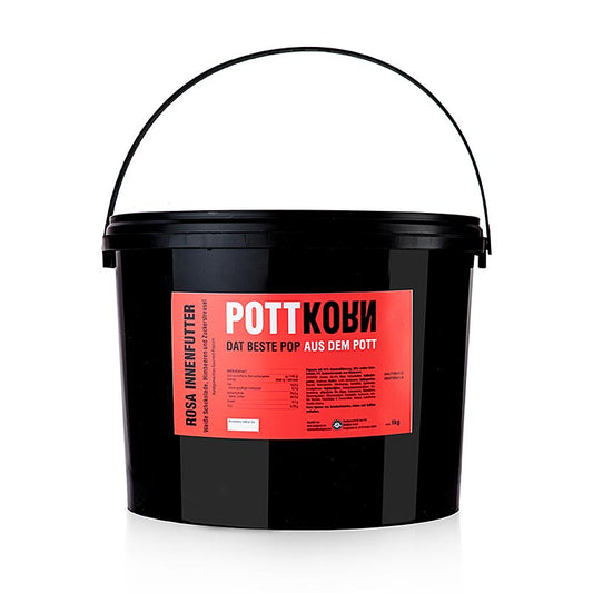 Delicious Pottkorn popcorn with white chocolate and raspberry, 1 kg, featuring a pink interior lining