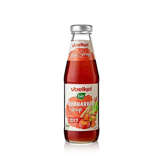 Organic Voelkel Rabarber Siroop in a 500ml bottle, perfect for adding to beverages or desserts for a delicious and natural flavor infusion