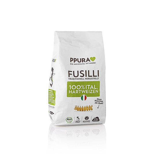 Organic 500g Ppura fusilli pasta made from Italian durum wheat