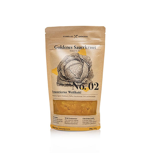 300g package of Nr 2 Gouden zuurkool, a fermented white cabbage with turmeric, from Snelle groenten