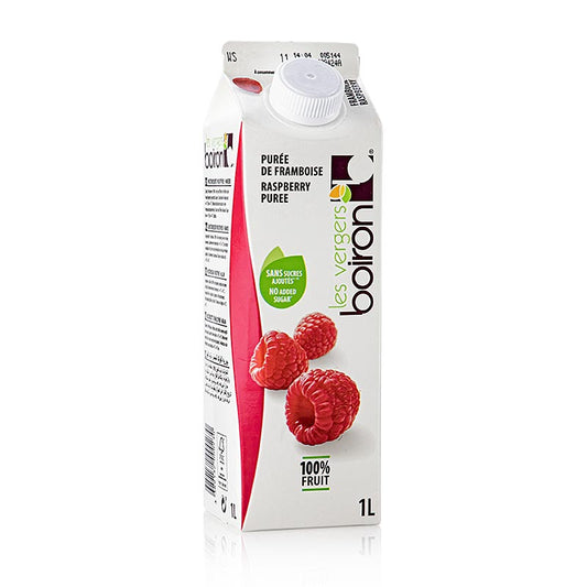 A 1 liter bottle of Boiron frambozenpuree, a pasteurized, 100% fruit raspberry puree