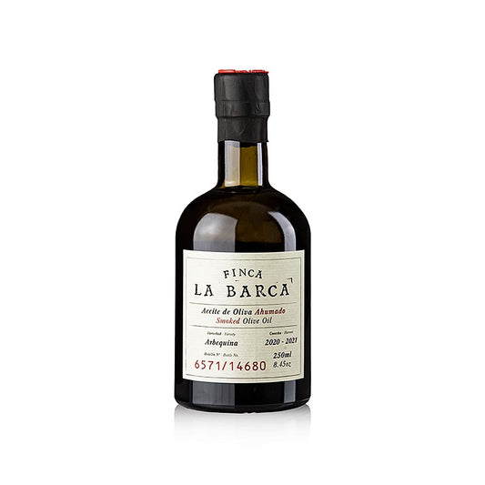 Gerookte olijfolie van 100% Arbequina olijven, geproduceerd door Finca La Barca, 250 ml fles
