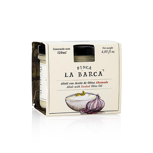 120 ml bottle of Aïoli van gerookte olijfolie from Finca La Barca, a flavorful and aromatic smoked olive oil mayonnaise alternative
