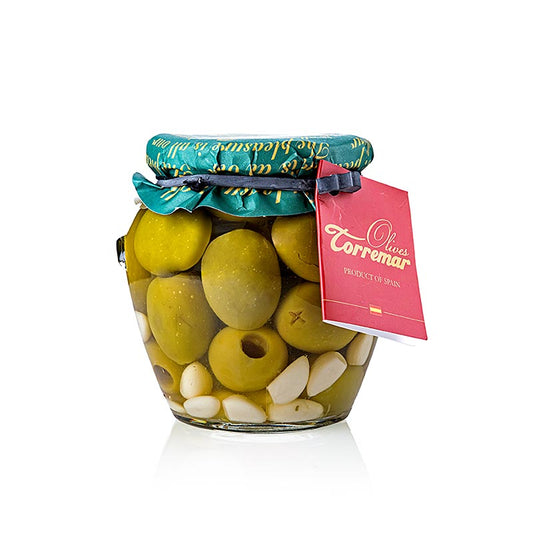 Groene olijven, zonder pit, Gordal, met rozemarijn & knoflook, Torremar S.L., 580 g