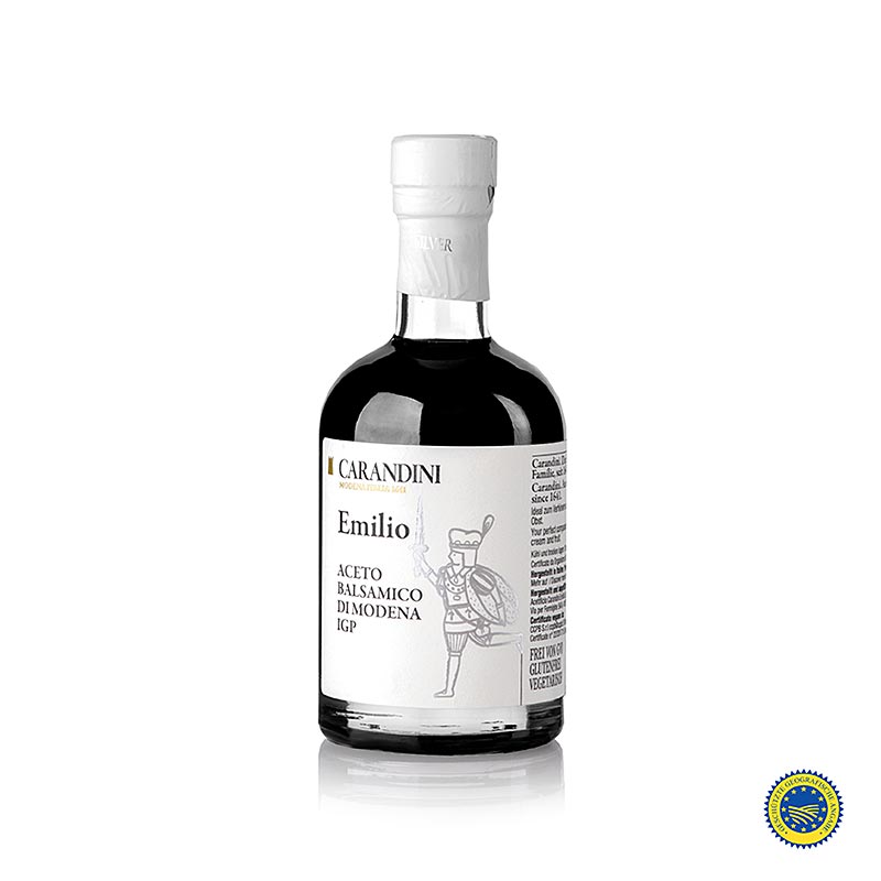 Carandini Aceto Balsamico di Modena BGA, Emilio Riserva Speciale Zilver, 2 J 250 ml, high-quality balsamic vinegar from Modena, Italy, in elegant packaging