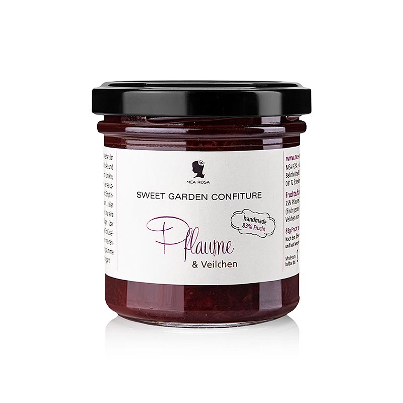 A 180g jar of Mea Rosa Sweet Garden Confiture Pruim & Viooltje Vruchtenspread