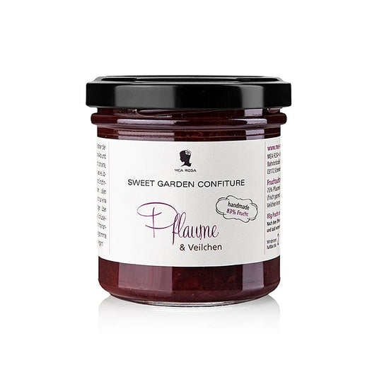 A 180g jar of Mea Rosa Sweet Garden Confiture Pruim & Viooltje Vruchtenspread