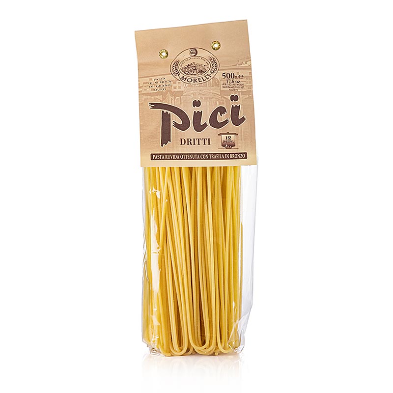 Foto van Morelli 1860 Pici Dritti Semola di Grano Duro, 500 g pasta verpakt in een zak van 500 gram gemaakt van harde tarwegriesmeel
