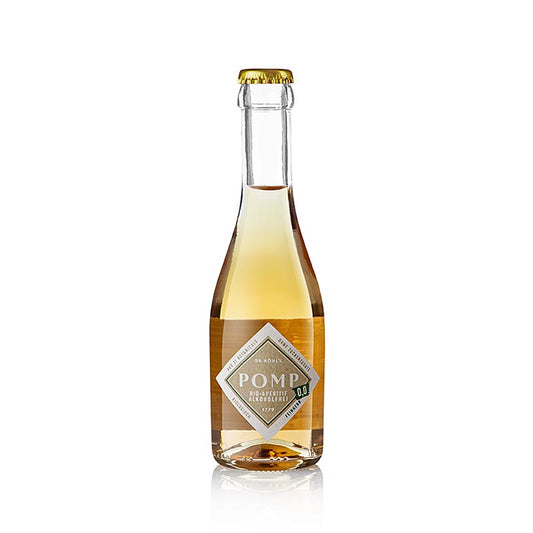 Close-up of 200 ml bottle of POMP biologisch aperitief, a 00% alcohol, dry organic aperitif