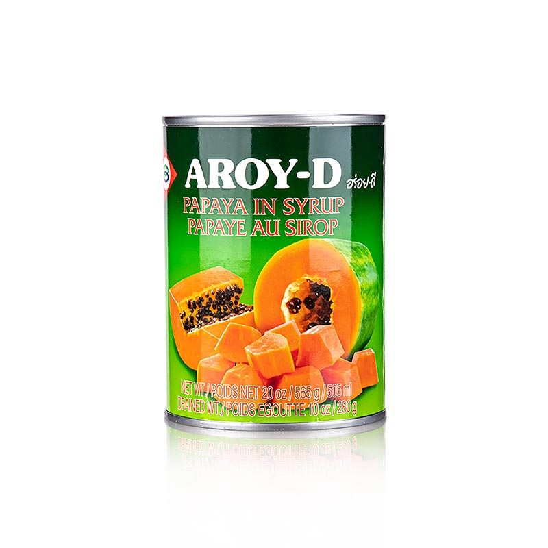 Alt text: Aroy-D 565 g can of papaya chunks in syrup, sweet and tropical fruit snack