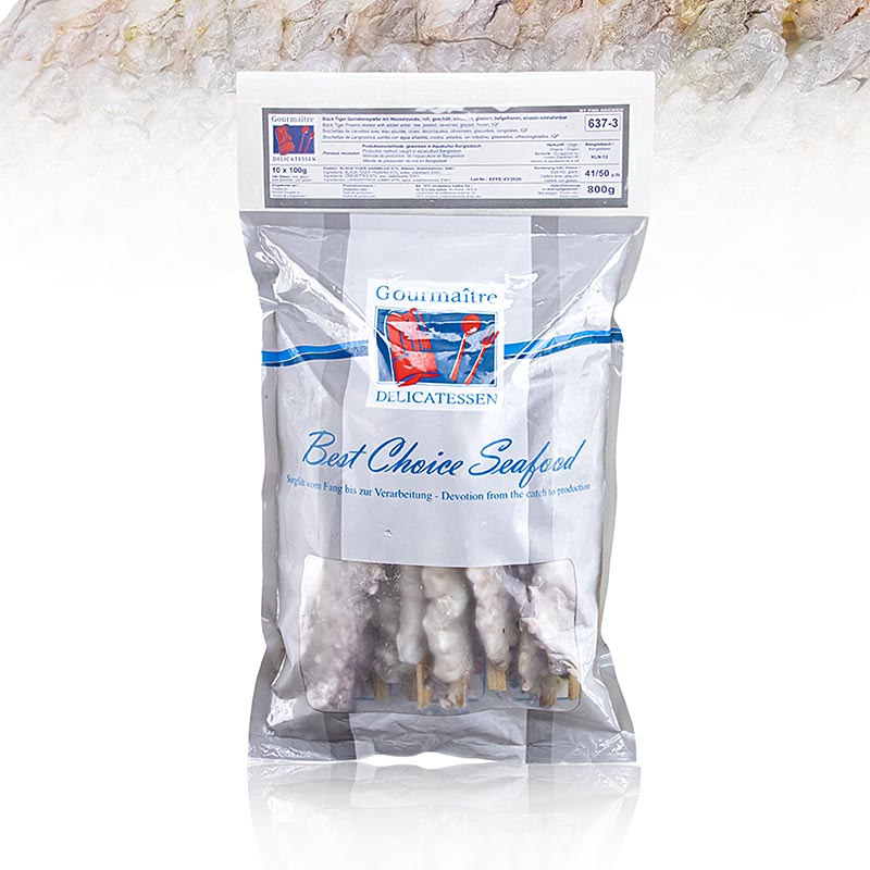 Spiesjes van zwarte tijgergarnaal, Gourmaitre, diepvries, 1 kg product packaging with serving suggestion