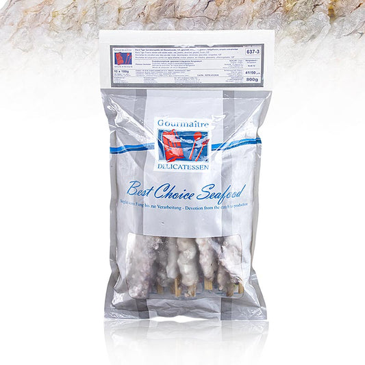 Spiesjes van zwarte tijgergarnaal, Gourmaitre, diepvries, 1 kg product packaging with serving suggestion