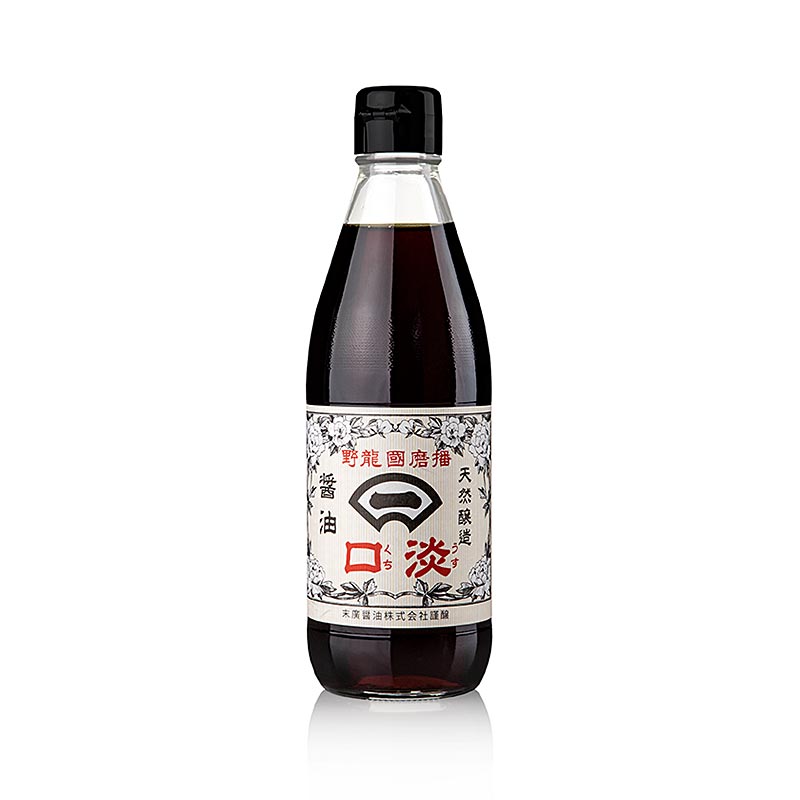 Sojasaus - lichtgekleurd, Harimakoku Tatsuno, 360 ml: A bottle of light-colored soy sauce, Harimakoku Tatsuno brand, 360 ml