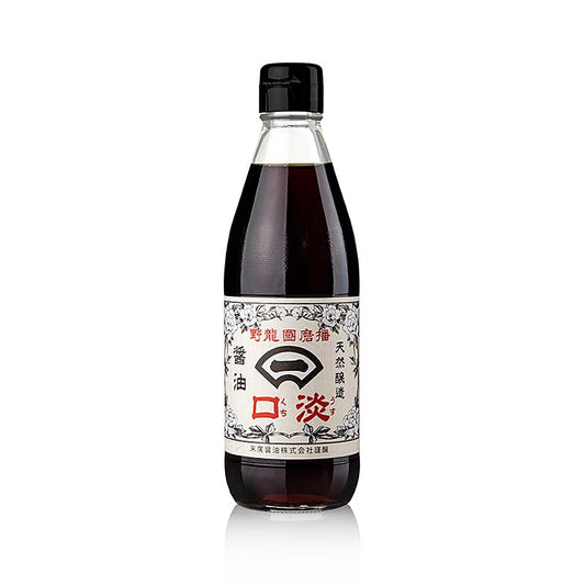Sojasaus - lichtgekleurd, Harimakoku Tatsuno, 360 ml: A bottle of light-colored soy sauce, Harimakoku Tatsuno brand, 360 ml