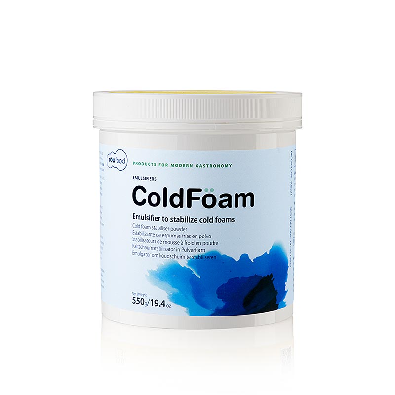 TÖUFOOD COLD FÖAM, stabilisator voor emulsie (Espuma koud), 550 g - Een afbeelding van een pot met 550 gram TÖUFOOD COLD FÖAM, een stabilisator voor koude espuma-emulsie