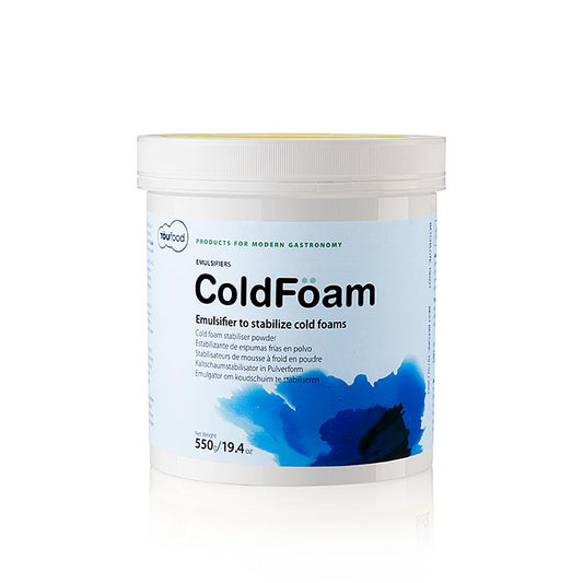 TÖUFOOD COLD FÖAM, stabilisator voor emulsie (Espuma koud), 550 g - Een afbeelding van een pot met 550 gram TÖUFOOD COLD FÖAM, een stabilisator voor koude espuma-emulsie