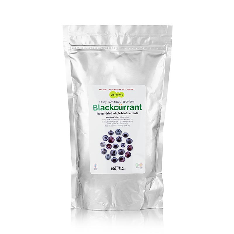 Gevriesdroogde hele aalbessen van TÖUFOOD LYOFËELING BLACKCURRANT, 150 g verpakt