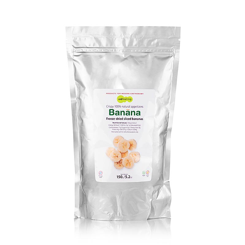 Gevriesdroogde plakjes bananen van TÖUFOOD LYOFËELING BANÄNA, 150 g verpakking