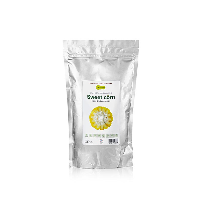 100g package of TÖUFOOD LYOFËELING SWEETCÖRN, whole freeze-dried corn kernels