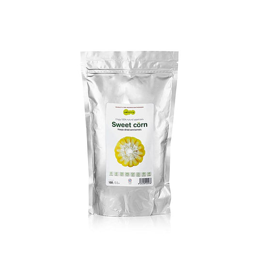 100g package of TÖUFOOD LYOFËELING SWEETCÖRN, whole freeze-dried corn kernels