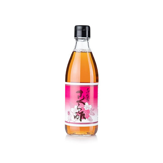 360 ml bottle of Zwarte rijstazijn with sakura cherry blossoms, a traditional Japanese vinegar condiment perfect for enhancing flavors in a variety of dishes