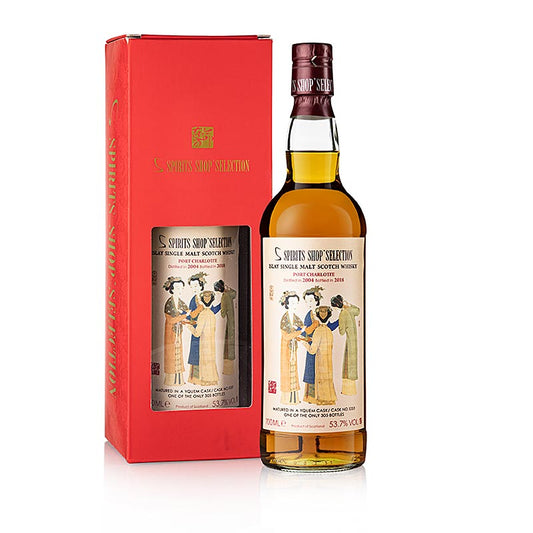 Image of a bottle of Single Malt Whisky Port Charlotte S Spirits 2004-2018 Yquem Cask, 53,7% vol 700 ml, a premium and limited edition whisky aged in a rare cask, perfect for collectors and connoisseurs