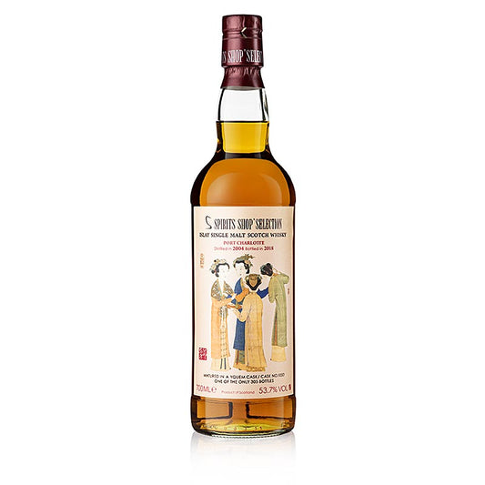  A detailed shot of the Single malt whisky Port Charlotte S Spirits 2004-2018 Yquem Cask, 53,7% vol 700 ml, highlighting the rich amber color and unique bottle shape