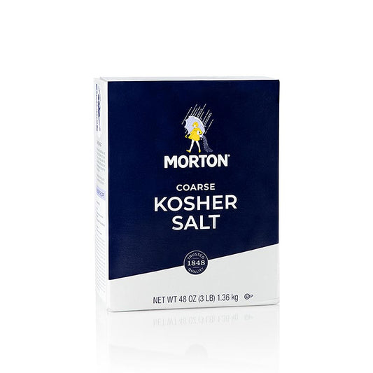 A 136 kg container of Morton's coarse kosher salt for cooking