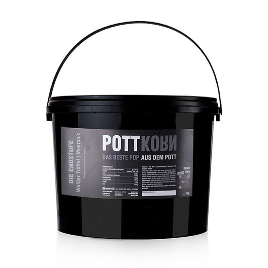 Gourmet 1 kg bag of Pottkorn popcorn in the final phase, featuring the luxurious flavors of white truffle and sea salt