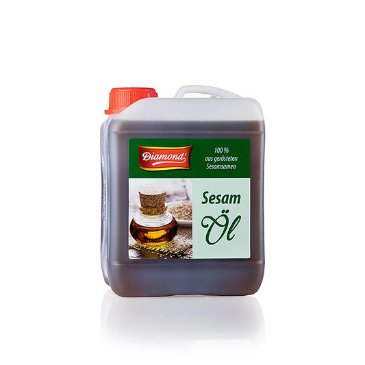 2,5 liter fles geroosterde sesamolie van het merk Diamant, perfect voor koken en bakken